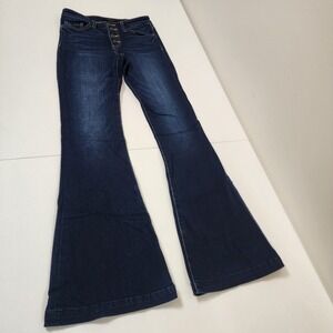 womens flying monkey mid rise flare button flying dark blue wash